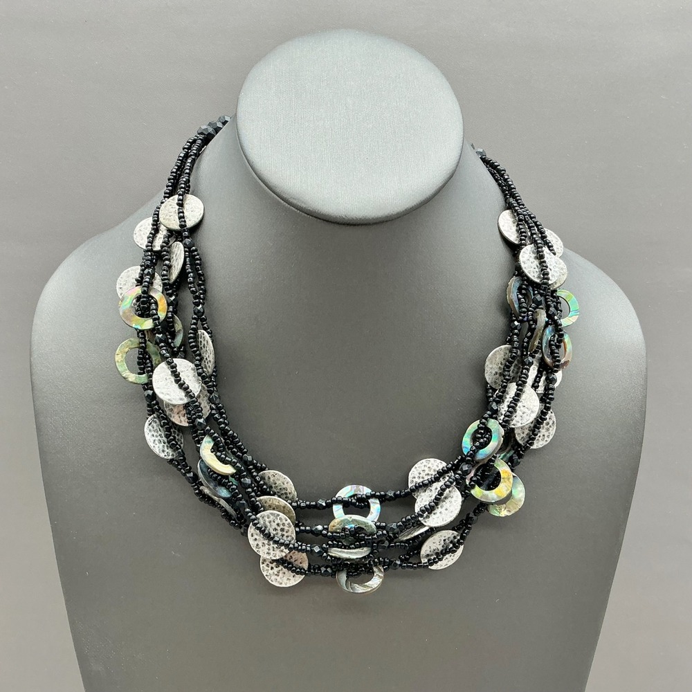 Coldwater Creek Necklace Black Multi Strand Abalone Shell Silver Tone Statement
